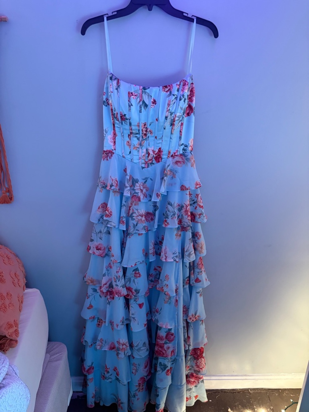 Strapless Light Blue Floral Tiered Ruffle Prom Dress